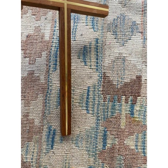 Mid Century Wood and Goldtone Inset Cross Crucifix 10" by 6" - Picture 3 of 10